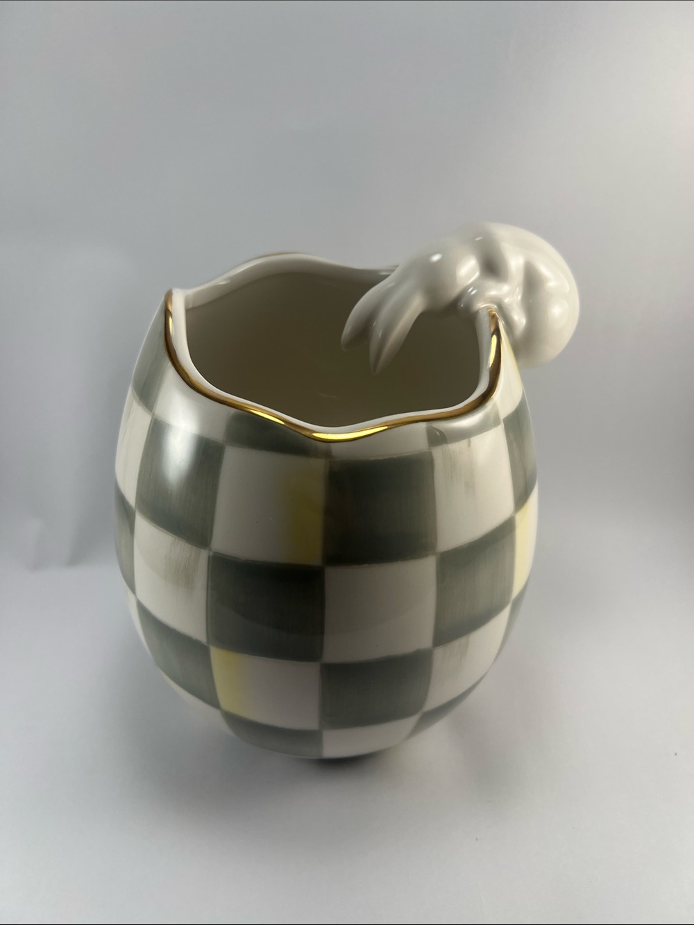 MacKenzie-Childs Checkered Ceramic Vase with Gold Trim - Cream and Gray